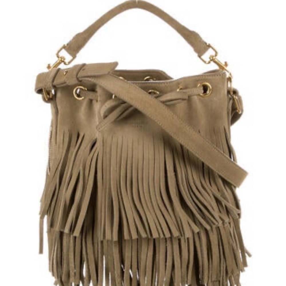 Saint Laurent Emmanuelle khaki fringe suede bucket bag